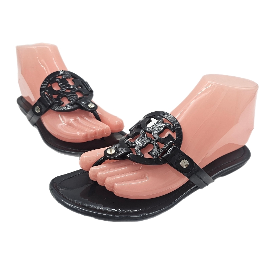 Tory Burch Black Patent Logo Thong Sandals with Cutout Medallion